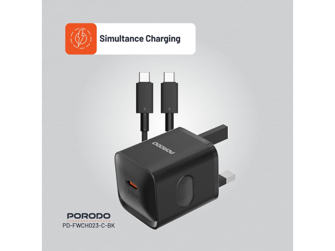 Porodo USB-C Power Delivery Wall Charger with Type-C Cable - Black Porodo USB-C Power Delivery Wall Charger with Type-C Cable - Black